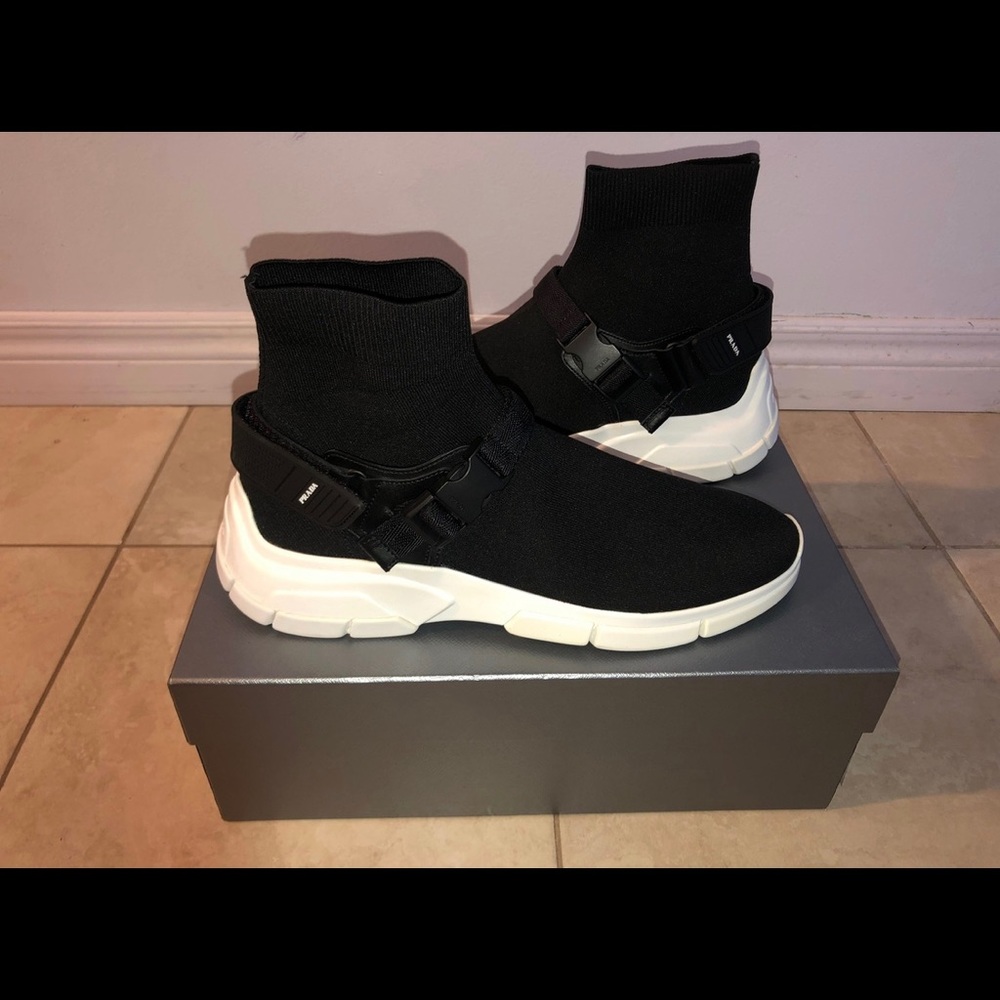 Prada Black Buckled Knit Sock Sneakers